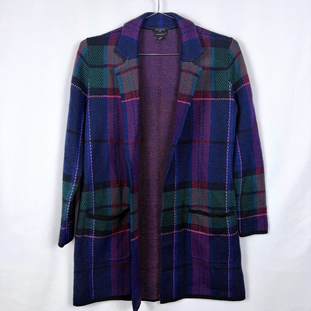 Talbots Petite Merino 100% Wool Cardigan Sweater Purple Plaid SZ Petite